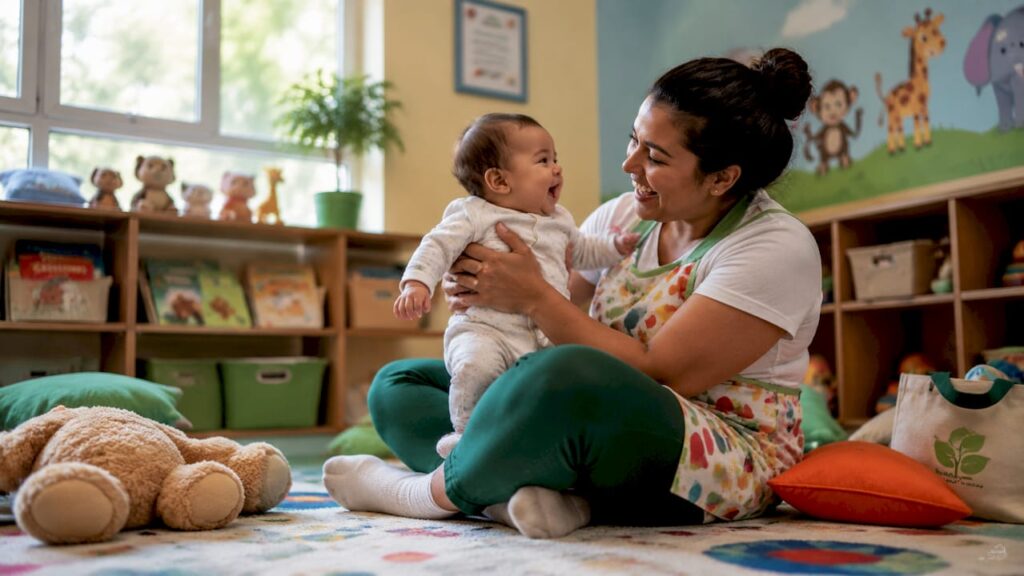 Caregiver holding baby in colorful infant daycare room