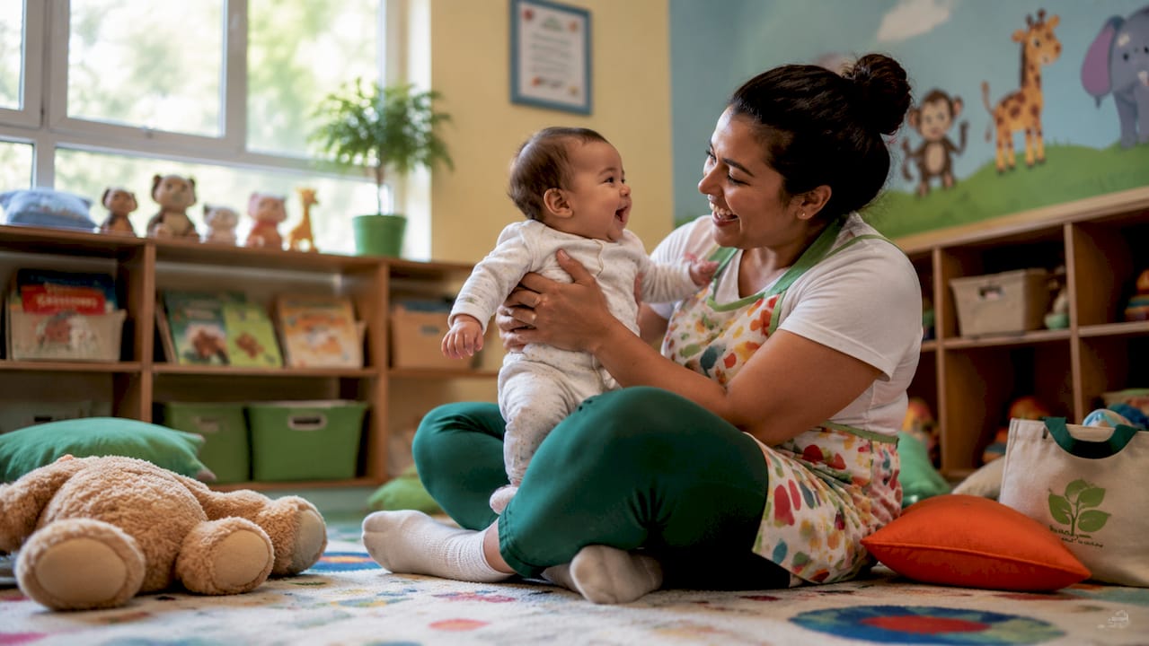 Caregiver holding baby in colorful infant daycare room