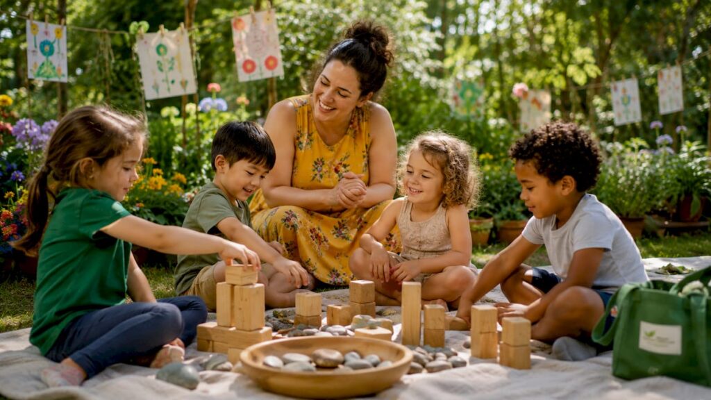 Preschool teacher guiding children in classroom play