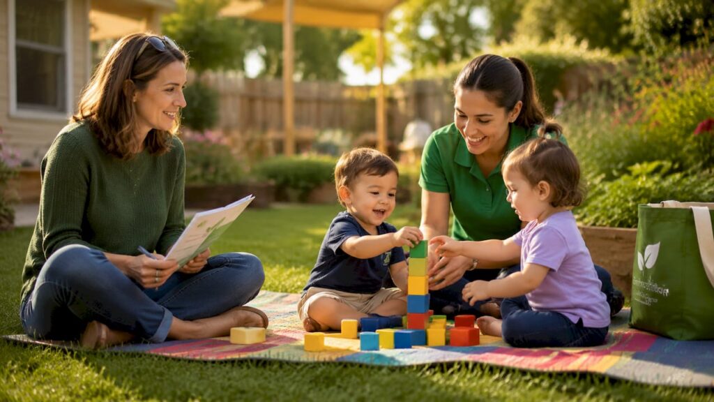 Parent observing teacher and toddlers in daycare room
