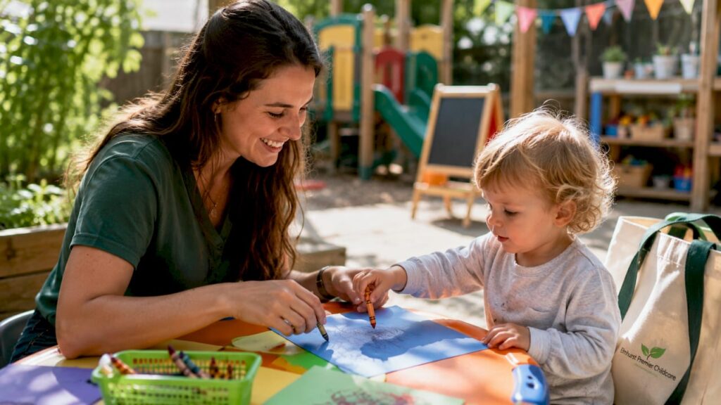 Childcare provider engaging warmly with toddler