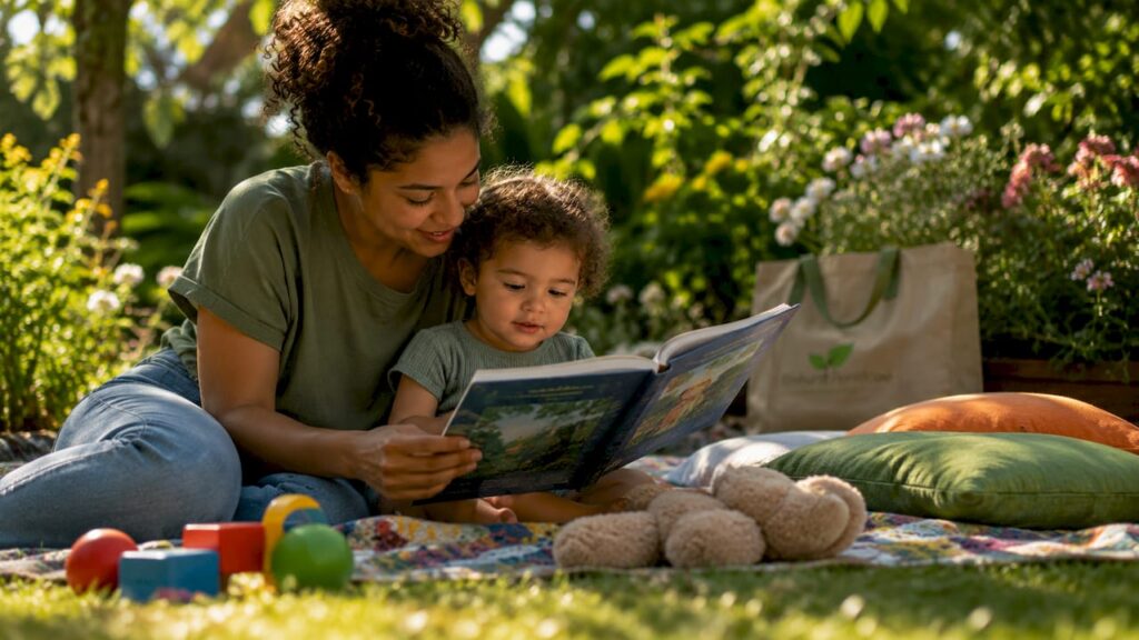 Mother reading to toddler in playroom