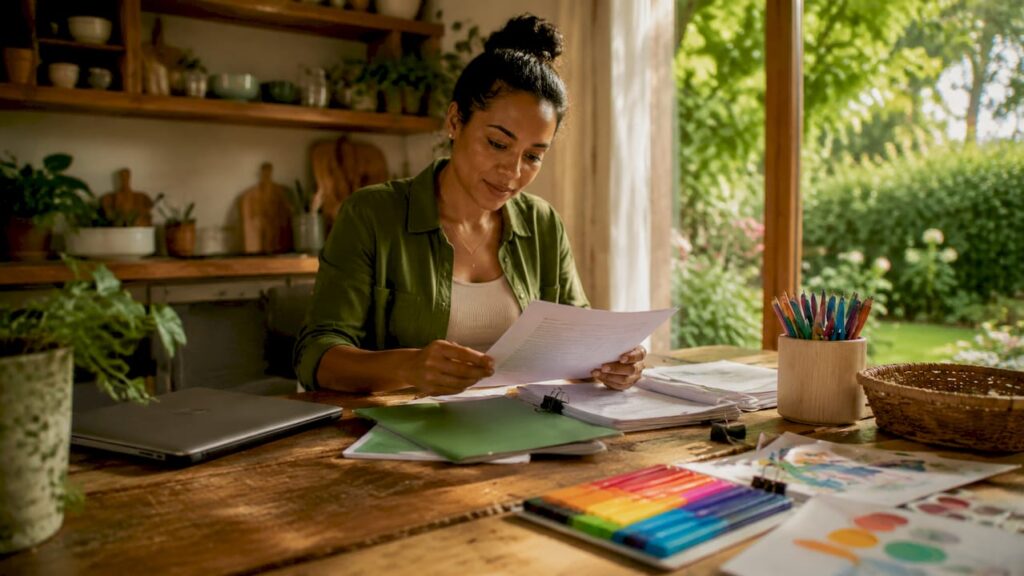 Educator reviewing credential documents at home