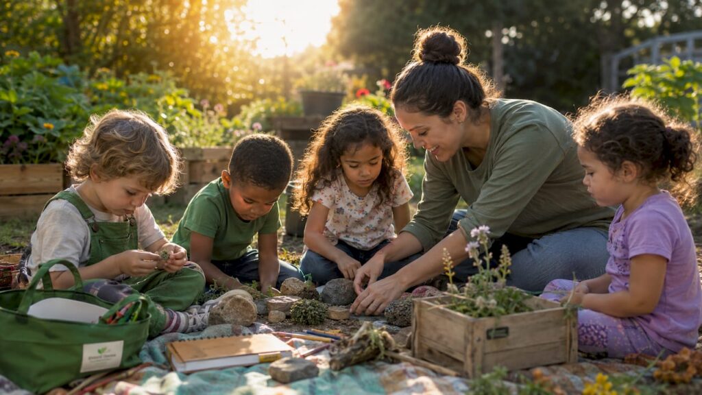 Preschool children exploring nature outdoors with teacher
