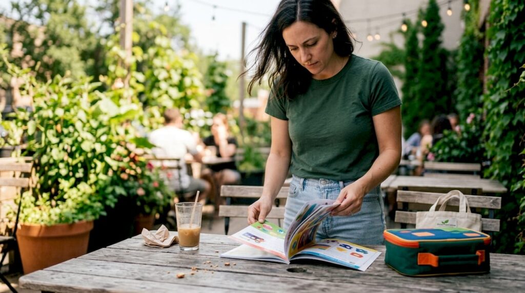 Mother reviewing preschool curriculum booklet at table