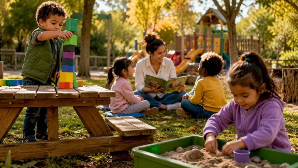 Diverse preschool children engaged in learning activities